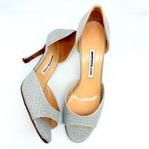 Manolo Blahnik Vintage Metallic Silver plaid Open toe D’orsay pumps EU 41.5